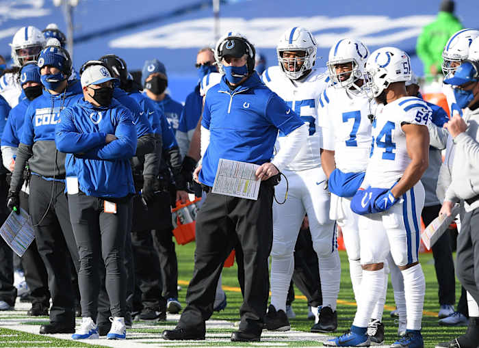 Indianapolis Colts head coach Frank Reich (holding play card) looks on from the Bills Stadium sidelines during Saturday's 27-24 AFC Wild Card Playoff loss to the Buffalo Bills.